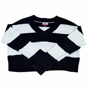 Tommy Jeans  Navy and White Striped V-Neck Cropped Preppy Sweater Size S/P